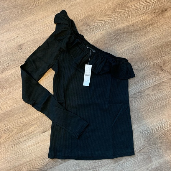 NWT J. Crew One-Shoulder Ruffleneck Top in Vintage Rib - Black - Picture 2 of 4